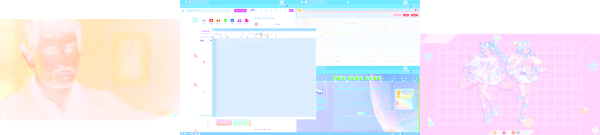 a screenshot of the webmaster's desktop which has three workstations. there is a video playing on the leftmost one, entirely too many windows tiled in the middle one, and absolutely nothing going on in the rightmost workstation. the colour black has been rendered transparent accidentally in the process of resizing the image, which the webmaster has kept for comedic reasons.